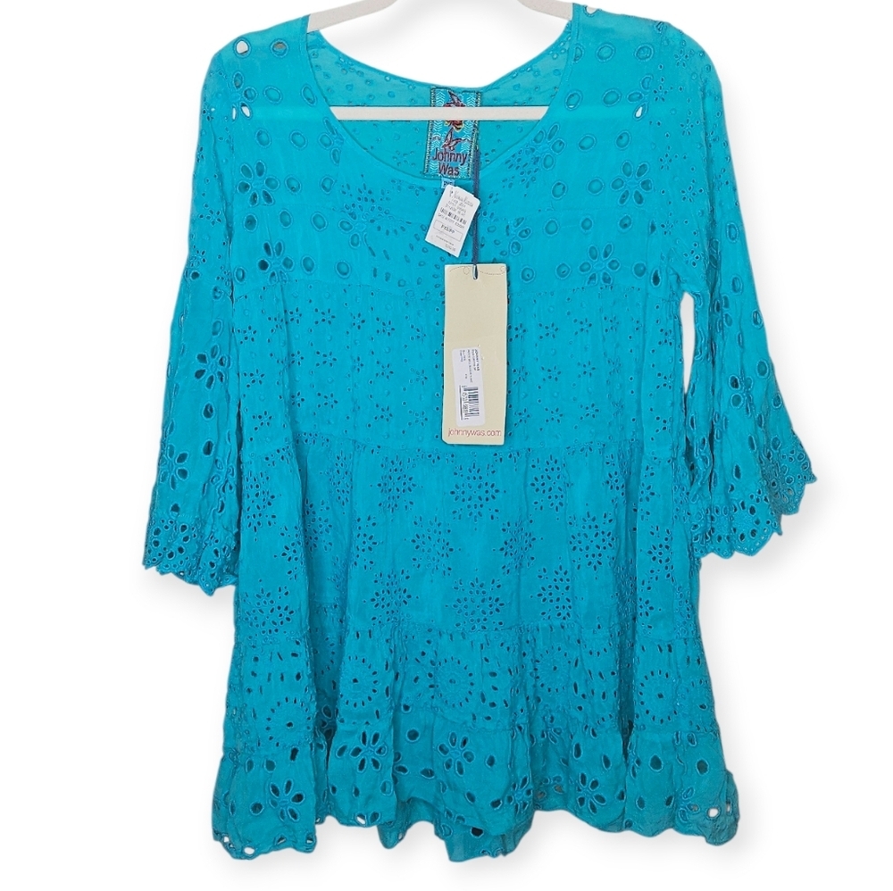 Johnny Was Petite Bell Sleeve Eyelet Tunic, Size PXS, Turquoise, NWT